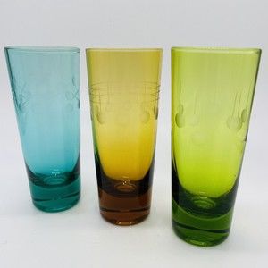 Set of 3 Pier One Etched Multicolor Tall Shot Cordial Liquor Glasses Geometric